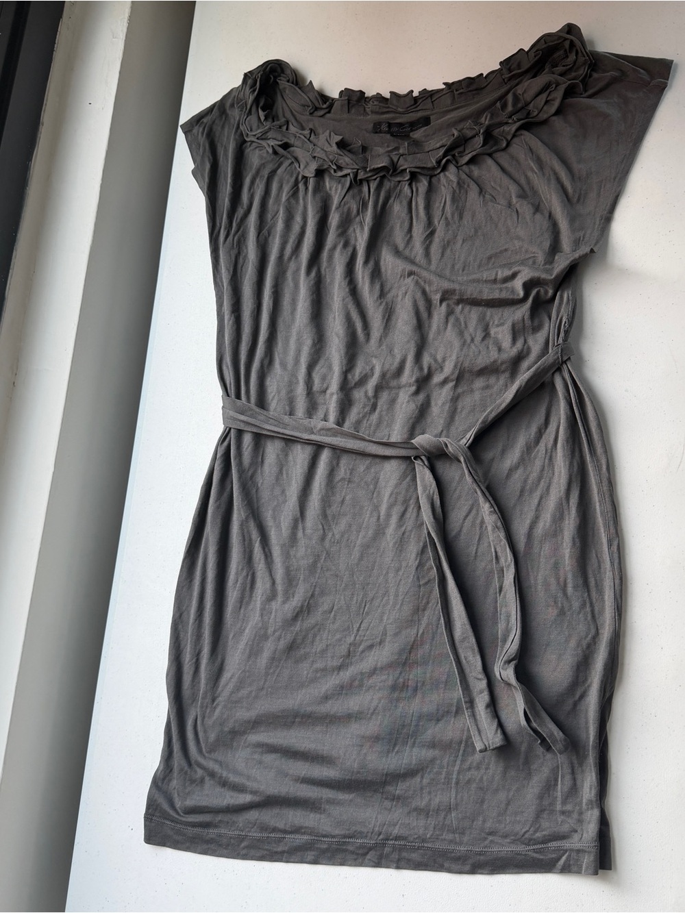 EUC Kenneth Cole gray silk cotton scoop neck sleeveless ruffle mini dresss sz S